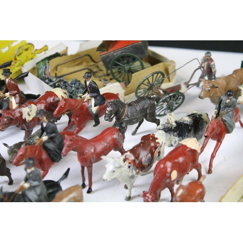 431 - Collection of early - mid 20th C play worn metal farming & hunting animals, figures and accessories ... 