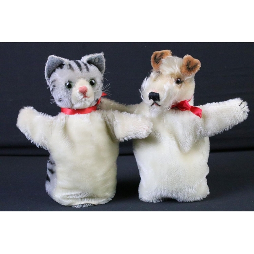 709 - Steiff - Two Steiff hand puppets to include 1 x cat and 1 x dog, both with red bow ties, both in vg ... 