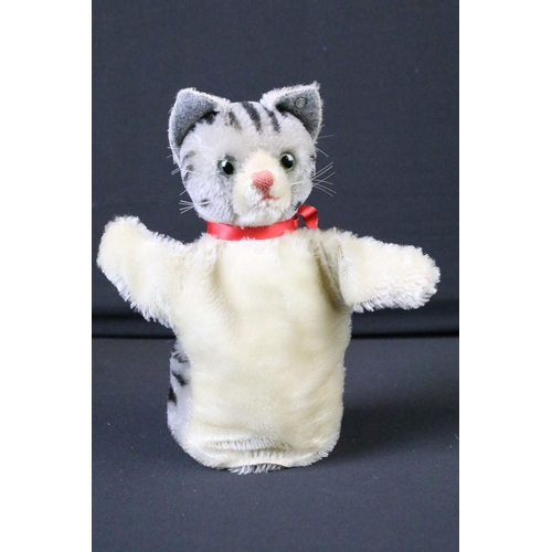 709 - Steiff - Two Steiff hand puppets to include 1 x cat and 1 x dog, both with red bow ties, both in vg ... 