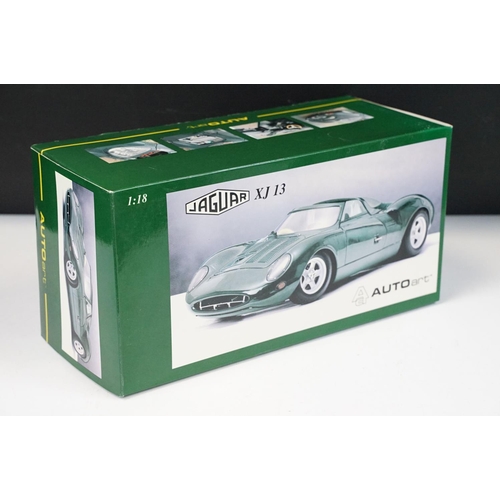 106 - Boxed 1/18 AutoArt 73541 Jaguar XJ 13 diecast model in green, diecast ex, box vg overall