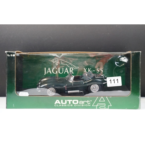 111 - Two boxed 1/18 scale AutoArt diecast models to include 73500 Jaguar C Type in green and 73511 Jaguar... 