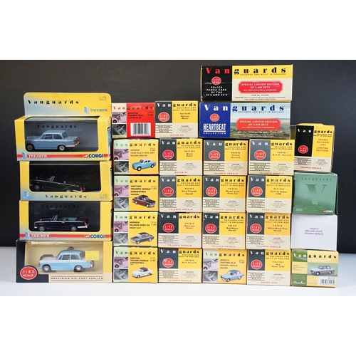 121 - 28 Boxed / cased Vanguards diecast models to include VA5005, VA00517, VA5006, VA21000, VA5008, VA500... 