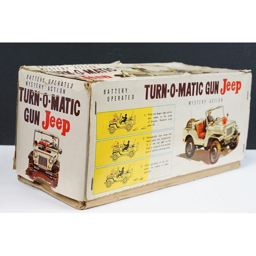 329 - Boxed TN Toys Japan Battery Operated Turn O Matic Gun Police Jeep, Jeep touch grubby otherwise gd, b... 