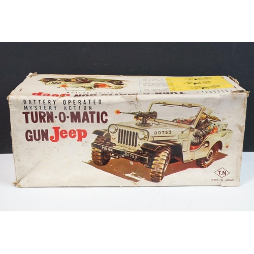 329 - Boxed TN Toys Japan Battery Operated Turn O Matic Gun Police Jeep, Jeep touch grubby otherwise gd, b... 