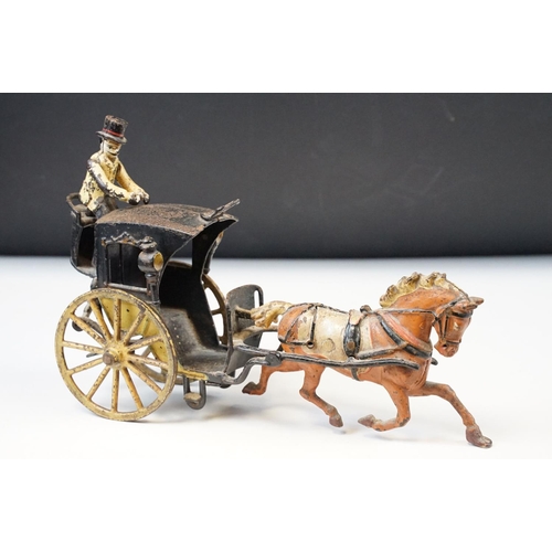 329A - Late 19th C painted cast metal horse & cart model with driver, showing paint loss