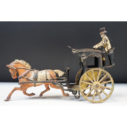 329A - Late 19th C painted cast metal horse & cart model with driver, showing paint loss