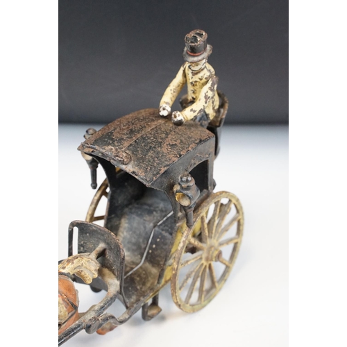 329A - Late 19th C painted cast metal horse & cart model with driver, showing paint loss