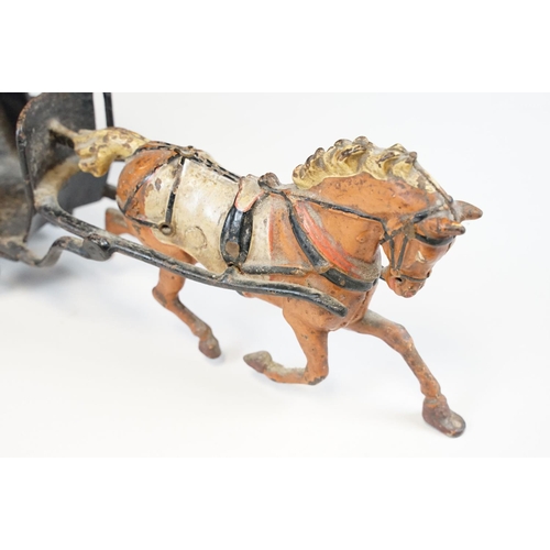 329A - Late 19th C painted cast metal horse & cart model with driver, showing paint loss