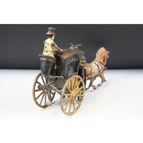 329A - Late 19th C painted cast metal horse & cart model with driver, showing paint loss