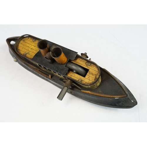 330 - Antique tin plate paddle wheel steam boat with handle and a metal painted motor boat, both showing w... 