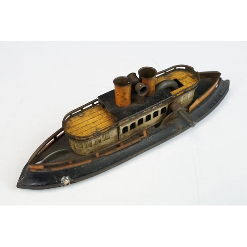 330 - Antique tin plate paddle wheel steam boat with handle and a metal painted motor boat, both showing w... 