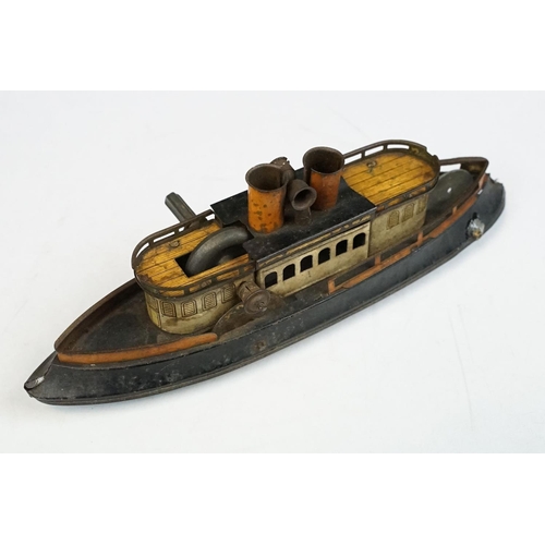 330 - Antique tin plate paddle wheel steam boat with handle and a metal painted motor boat, both showing w... 