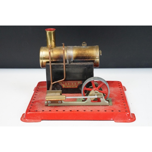 91 - Steam Engine - Mamod stationary steam engine with red base, cylindrical engine with turning wheel, m... 