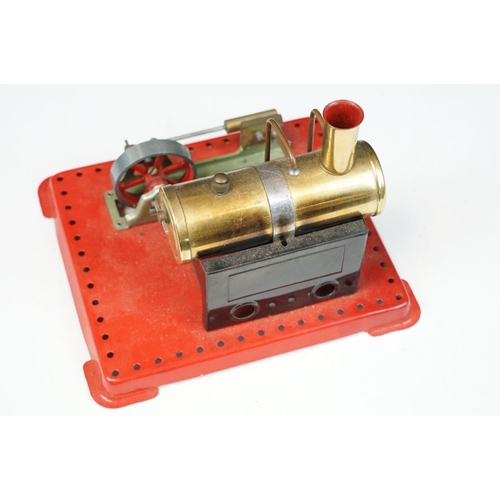 91 - Steam Engine - Mamod stationary steam engine with red base, cylindrical engine with turning wheel, m... 