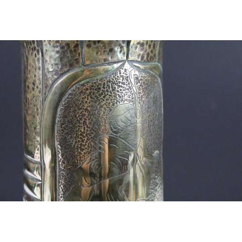 113A - Trench art shell brass vase with art nouveau figure engraving and design, 30cm high, 10cm diameter.