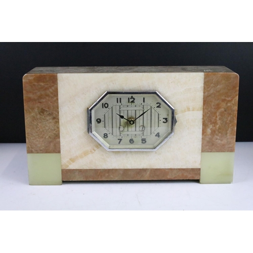 124 - Art Deco large onyx and marble three piece mantel clock. 21cm high x 56cm wide (including side piece... 