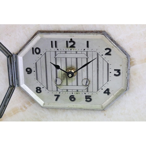 124 - Art Deco large onyx and marble three piece mantel clock. 21cm high x 56cm wide (including side piece... 