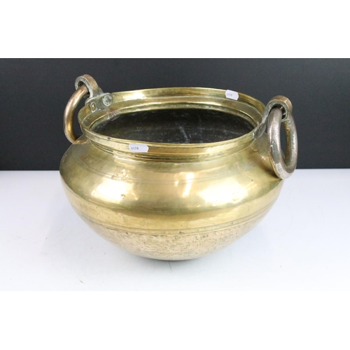 130 - Large heavy brass two handled jardiniere pot with copper two handled pot and smaller brass jardinier... 