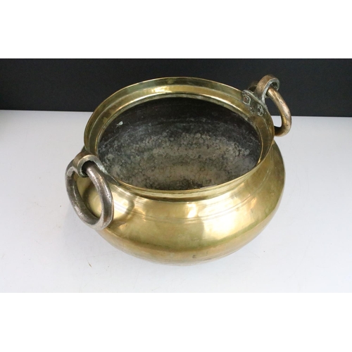 130 - Large heavy brass two handled jardiniere pot with copper two handled pot and smaller brass jardinier... 