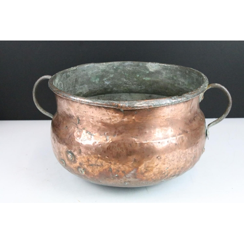 130 - Large heavy brass two handled jardiniere pot with copper two handled pot and smaller brass jardinier... 