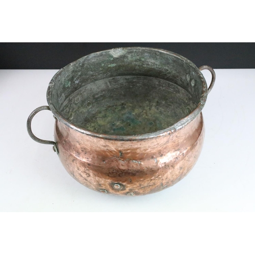 130 - Large heavy brass two handled jardiniere pot with copper two handled pot and smaller brass jardinier... 