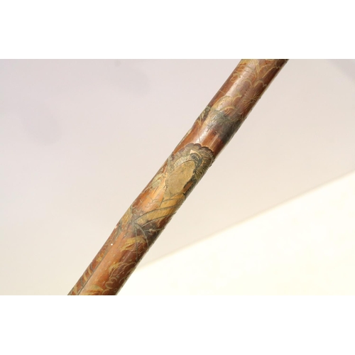 134 - Collection of five oriental carved walking cane stagger sticks with elaborate carvings and intricate... 