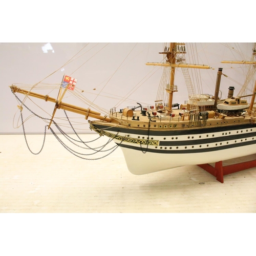 143 - Amerigo Vespucci large model ship on stand. 55cm high x 98cm wide x 20cm deep