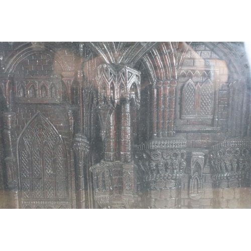 145 - Intricate gothic architectural wood carved panel in glass display case along with a 'Hold fast' mott... 