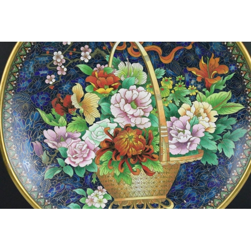 148 - Large Chinese cloisonne charger plate with basket of flowers design, 39cm diameter