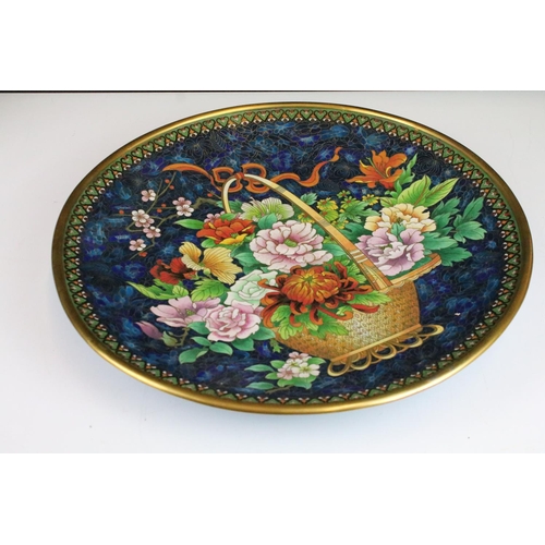 148 - Large Chinese cloisonne charger plate with basket of flowers design, 39cm diameter