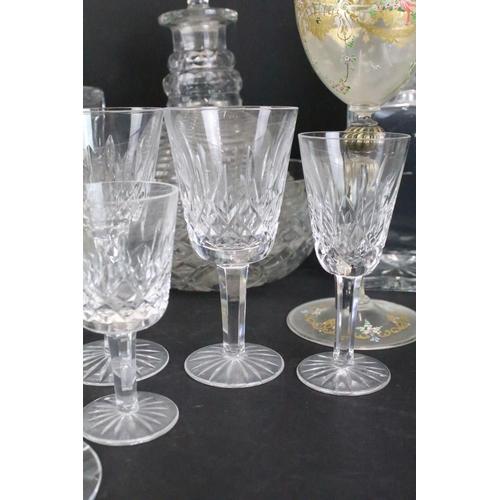 54 - Cut crystal glass square cut spirit decanter with twelve wine glasses, seven sherry glasses and six ... 