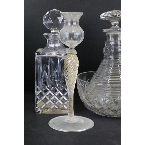 54 - Cut crystal glass square cut spirit decanter with twelve wine glasses, seven sherry glasses and six ... 