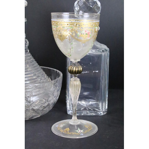 54 - Cut crystal glass square cut spirit decanter with twelve wine glasses, seven sherry glasses and six ... 