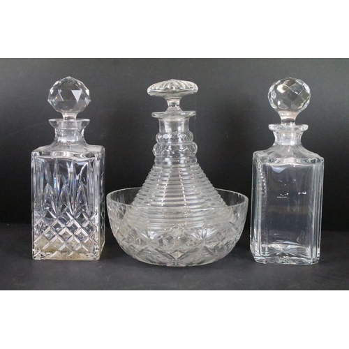 54 - Cut crystal glass square cut spirit decanter with twelve wine glasses, seven sherry glasses and six ... 