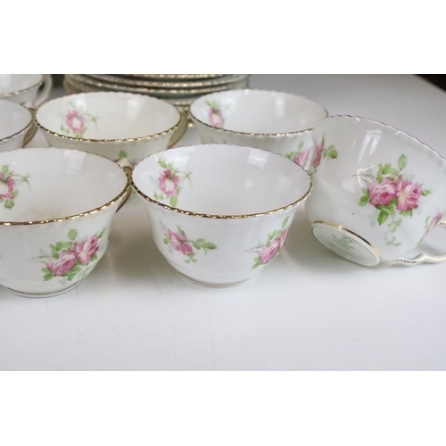 57 - Crown Staffordshire pretty pink rose floral tea set with gold wave edging. two large plates with ele... 