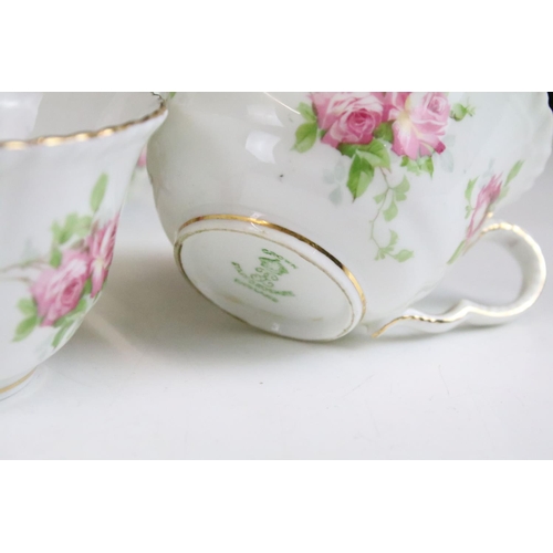 57 - Crown Staffordshire pretty pink rose floral tea set with gold wave edging. two large plates with ele... 