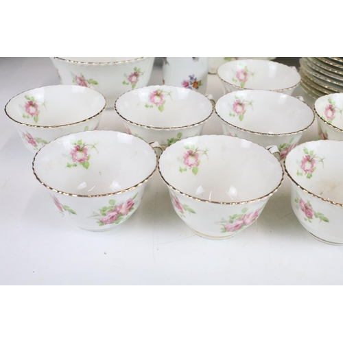 57 - Crown Staffordshire pretty pink rose floral tea set with gold wave edging. two large plates with ele... 