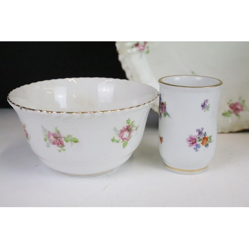 57 - Crown Staffordshire pretty pink rose floral tea set with gold wave edging. two large plates with ele... 