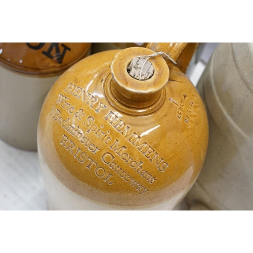 100 - Mixed selection of stoneware brewing flagons and storage jars, including poison and R.Whites adverti... 