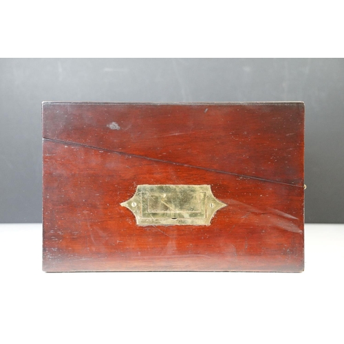 128 - Mahogany writing slope box with brass handles and inlay detailing, complete with two inkwells, two l... 