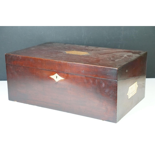 128 - Mahogany writing slope box with brass handles and inlay detailing, complete with two inkwells, two l... 