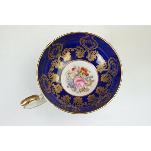 14 - Aynsley cobalt blue floral tea cup and saucers x 2, Aynsley pink and gold fruit design with gilt det... 