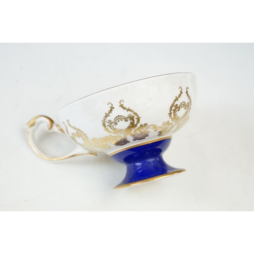 14 - Aynsley cobalt blue floral tea cup and saucers x 2, Aynsley pink and gold fruit design with gilt det... 