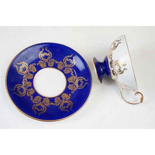 14 - Aynsley cobalt blue floral tea cup and saucers x 2, Aynsley pink and gold fruit design with gilt det... 