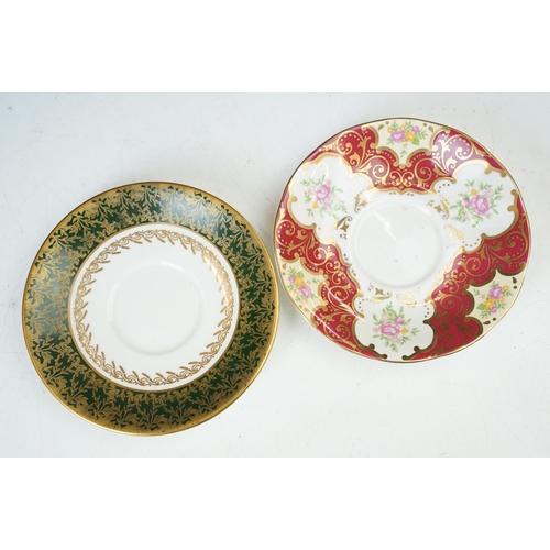 14 - Aynsley cobalt blue floral tea cup and saucers x 2, Aynsley pink and gold fruit design with gilt det... 