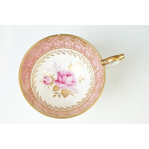 14 - Aynsley cobalt blue floral tea cup and saucers x 2, Aynsley pink and gold fruit design with gilt det... 