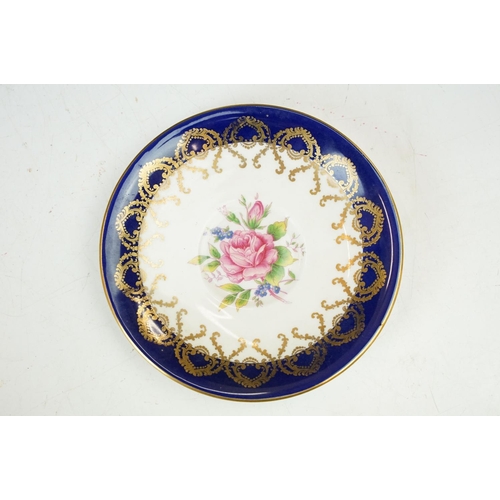 14 - Aynsley cobalt blue floral tea cup and saucers x 2, Aynsley pink and gold fruit design with gilt det... 