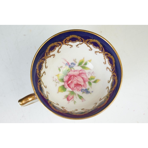 14 - Aynsley cobalt blue floral tea cup and saucers x 2, Aynsley pink and gold fruit design with gilt det... 