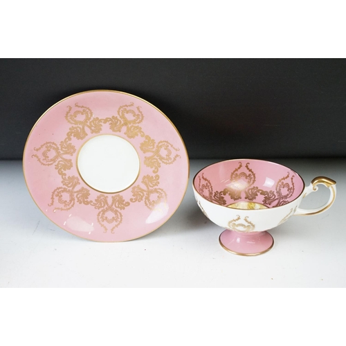 14 - Aynsley cobalt blue floral tea cup and saucers x 2, Aynsley pink and gold fruit design with gilt det... 