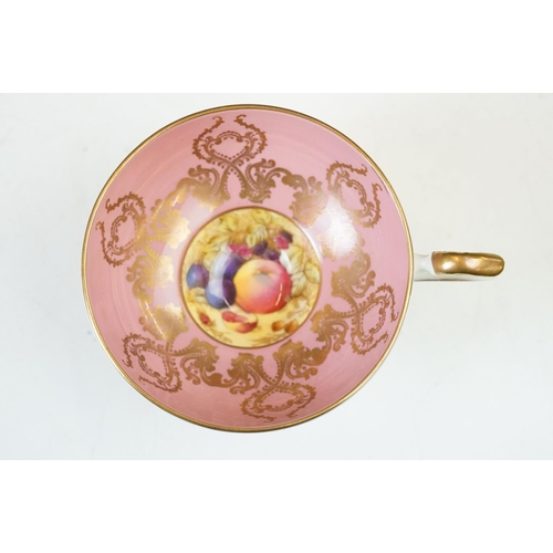 14 - Aynsley cobalt blue floral tea cup and saucers x 2, Aynsley pink and gold fruit design with gilt det... 